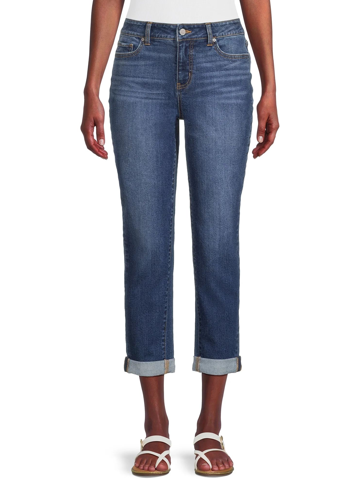 Time and Tru Women's High Rise Distressed Cuffed Crop Jeans, 26" Inseam , Sizes 2-20 - Walmart.co... | Walmart (US)