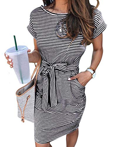MEROKEETY Women's 2026 Summer Casual T Shirt Dress Short Sleeve Striped Tie Waist Work Vacation T... | Amazon (US)