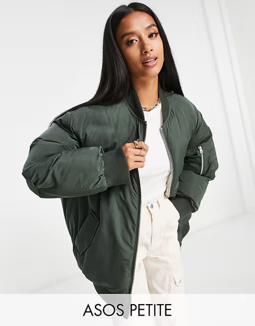 ASOS DESIGN Petite reversible quilted bomber jacket in khaki and cream | ASOS (Global)