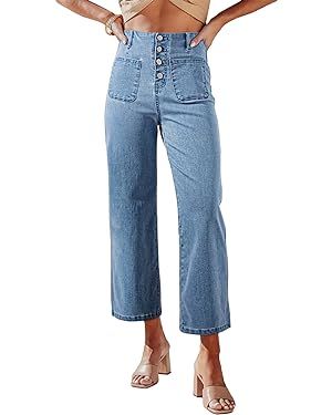 Sidefeel Women's Wide Leg Jeans High Waisted Stretchy Straight Leg Jeans Buttoned Loose Denim Pan... | Amazon (US)
