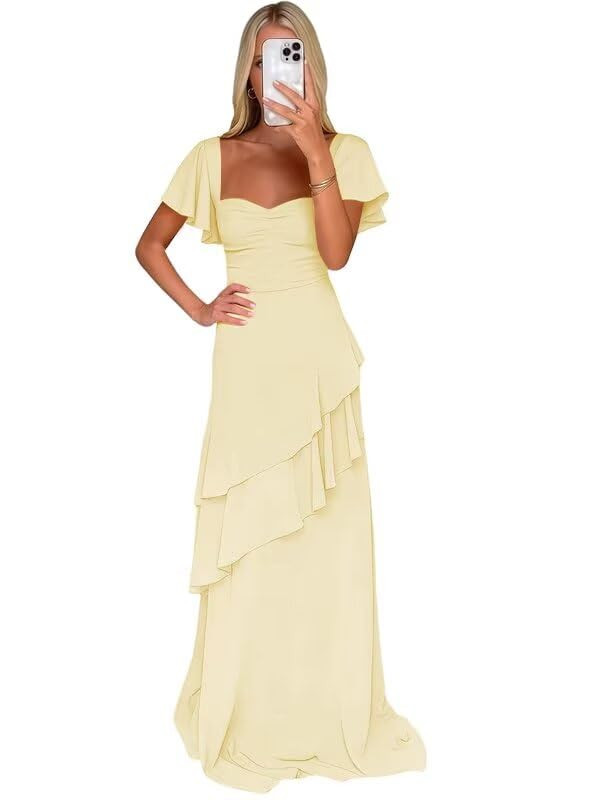 Short Sleeve Tiered Chiffon Bridesmaid Dresses for Women Long 2026 Ruffle Formal Evening Dress VA... | Amazon (US)