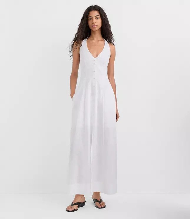 Linen Cotton Midi Pocket Halter Dress | LOFT