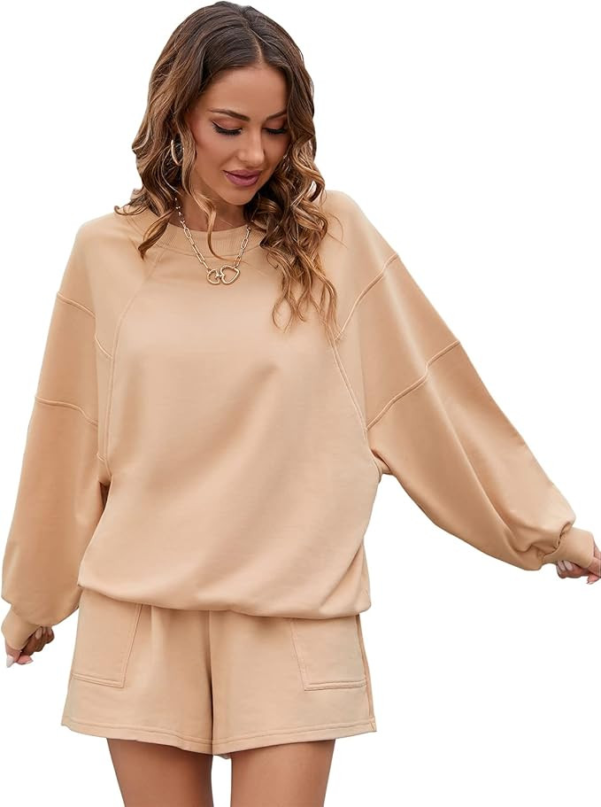 LonoLaka Women's Long Sleeve Pajamas Set Casual Top and Cute Shorts 2 Piece Outfits Lounge Set wi... | Amazon (US)