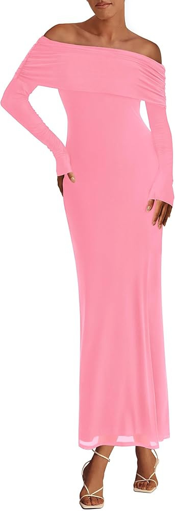 PRETTYGARDEN Women's Off The Shoulder Bodycon Maxi Dress Long Sleeve Mesh Elegant Party Formal We... | Amazon (US)