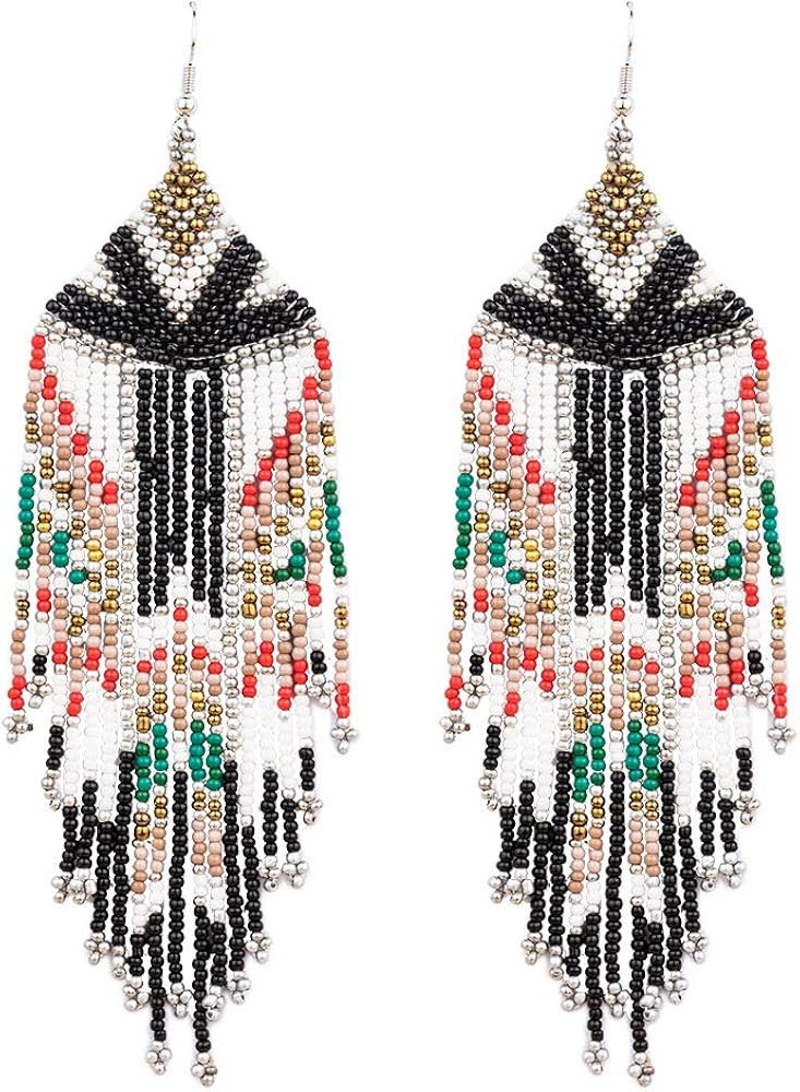 Luluping Long Beaded Dangle Earrings – Boho Native Handmade Seed Bead Tassel Earrings for Women and  | Amazon (US)