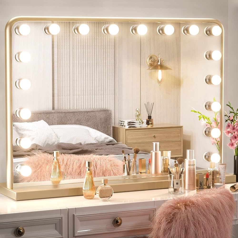 Keonjinn Large Gold Vanity Mirror with Lights, 18 Replaceable Bulbs Hollywood Makeup Mirror with ... | Amazon (US)