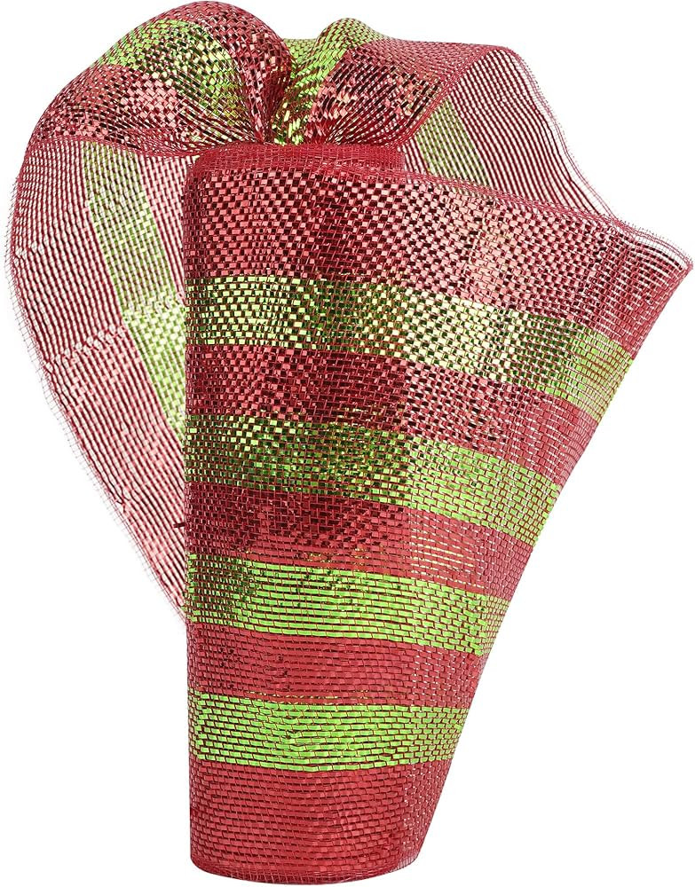 HUIHUANG Lime Green and Red Deco Mesh 10 inch Rolls Christmas Mesh Ribbon for Tree, Metallic Red ... | Amazon (US)