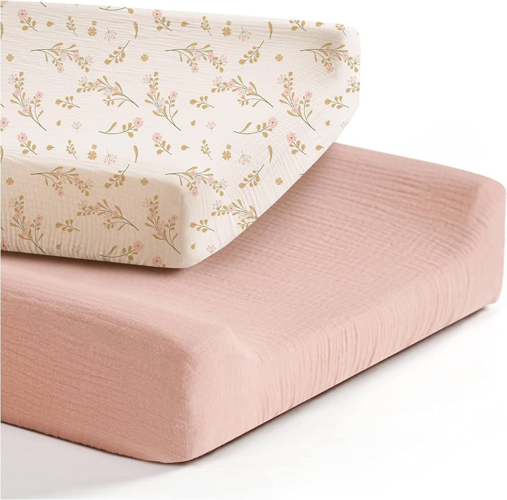 Konssy 2 Pack Muslin Changing Pad Cover for Baby Girls Boys 100% Cotton Fitted Diaper Changing Ta... | Amazon (US)