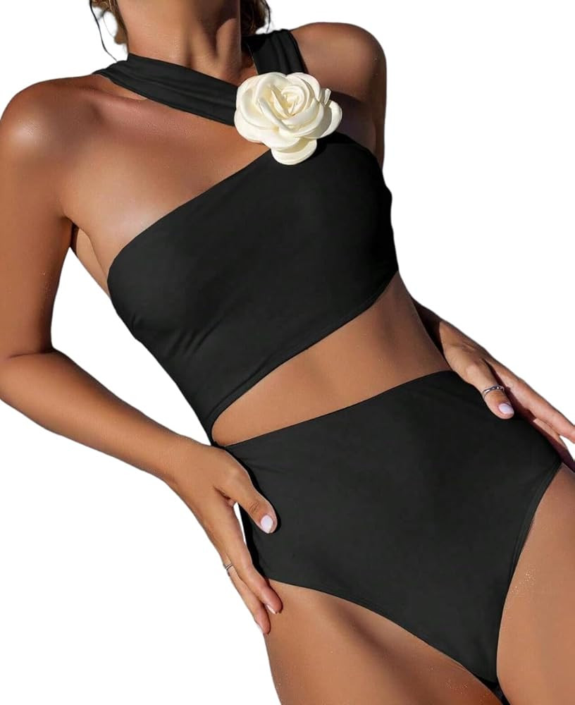 Women's One Shoulder 3D Flower Bikini Twisted Ruched High Cut Bandeau Bikini Set Two Piece Swimsu... | Amazon (US)