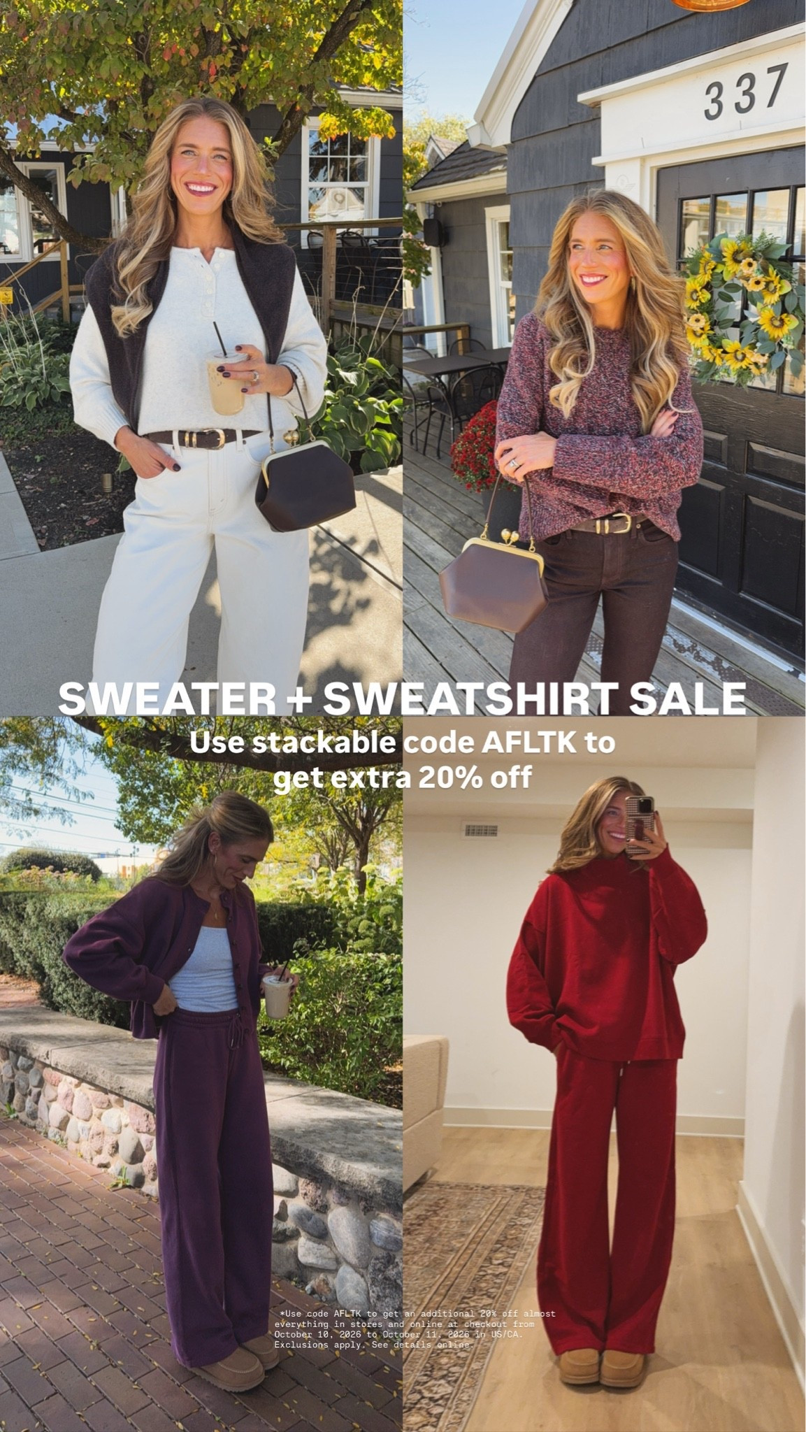 #AbercrombieParnter @Abercrombie Sweaters and Sweatshirts all on sale PLUS use code AFLTK to get extra 20% off sale price.  I'm wearing my true size in everything (medium/medium long/27 long in barrel jeans and 27 long in plum coated jeans for a cropped look. The plum coated wash runs shorter than the other washes. I love how they have different types of sweatshirts to mix and match with the different bottom styles. 

*Use code AFLTK to get an additional 20% off almost everything in stores and online at checkout from October 10, 2026 to October 11, 2026 in US/CA. Exclusions apply. See details online.