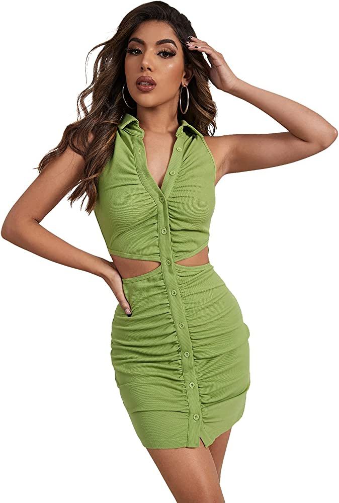 SheIn Women's Ruched Cutout Mini Dress V Neck Sleeveless Collar Button Down Bodycon Short Dress | Amazon (US)