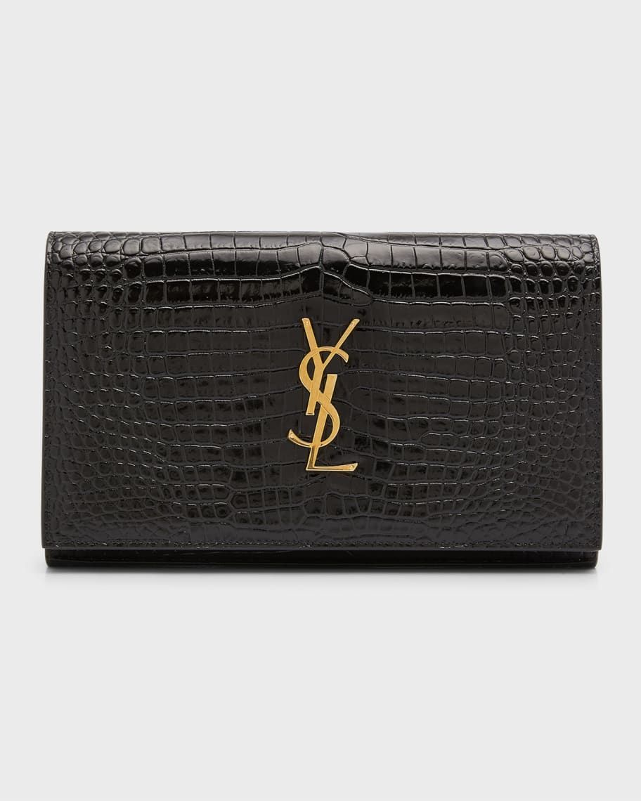 YSL Croc-Embossed Leather Wallet on Chain | Neiman Marcus