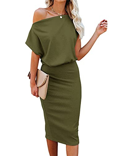 Ezbelle Summer Women's Bodycon Midi Dress Formal Wedding Guest Dresses Cocktail Evening Casual Fashion Trendy Work Sexy Short ArmyGreen 2 | Amazon (US)