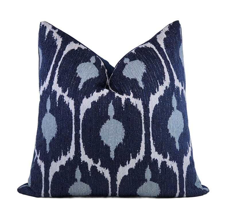 Blue Ikat Pillow Cover, 22x22, Bohemian Dark Blue/ Gray Chenille Ikat Cover, Moroccan pillow, Far... | Etsy (US)