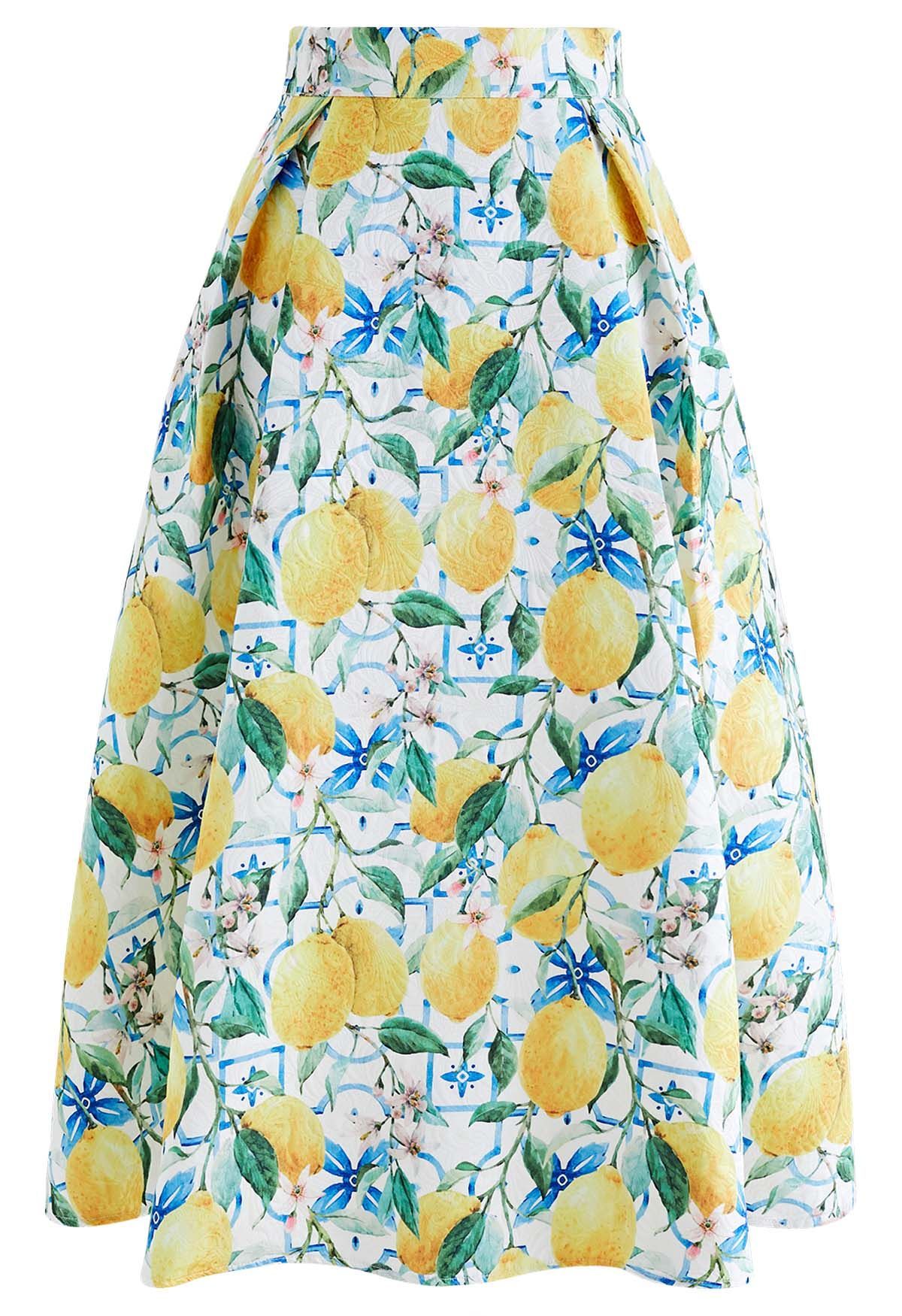 Blue Tiles Watercolor Lemon Printed Jacquard A-Line Midi Skirt | Chicwish