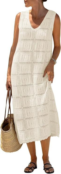 Fisoew Womens Crochet Sleeveless Dress Casual Summer V Neck Boho Knit Cover Up Beach Vacation Mid... | Amazon (US)