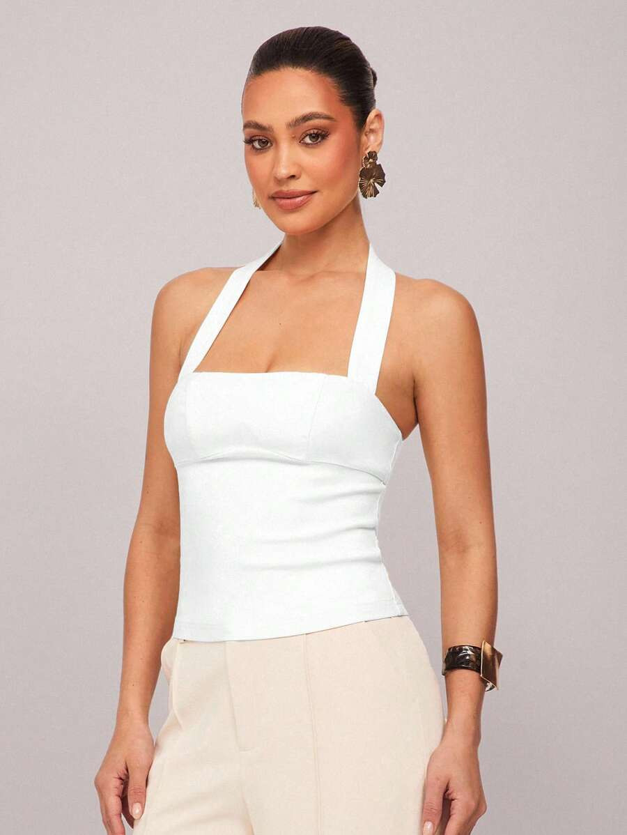 Elegant Solid Color Backless Halter Neck Top, Summer, White Halter Top Halter Tops For Women Back... | SHEIN