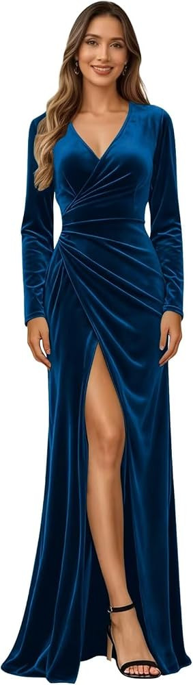 Wchecalino Long Sleeve Velvet Dress for Women V Neck Bridesmaid Dresses Pleated Formal Wedding Guest Dress with Slit | Amazon (US)