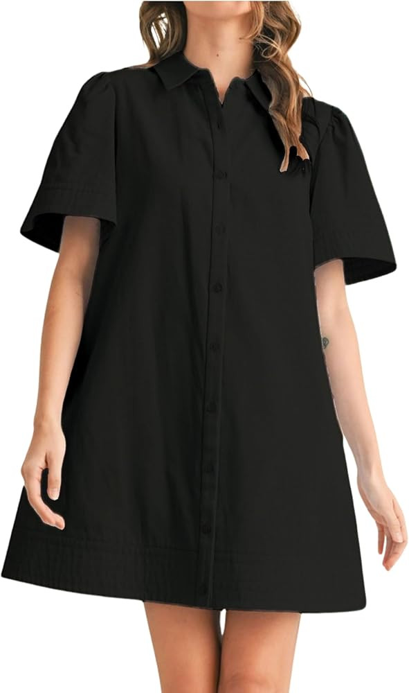 Womens Short Sleeve Button Down Mini Shirt Dress Lapel Collar Short Dresses with Pocket | Amazon (US)