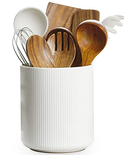 Getstar Large Kitchen Utensil Holder for Kitchen Counter (H7.2” x W6.2”), Ceramic Cooking Utensil Holder with Cork Mat, Kitchen Decor (White, Utensils Not Included) | Amazon (US)