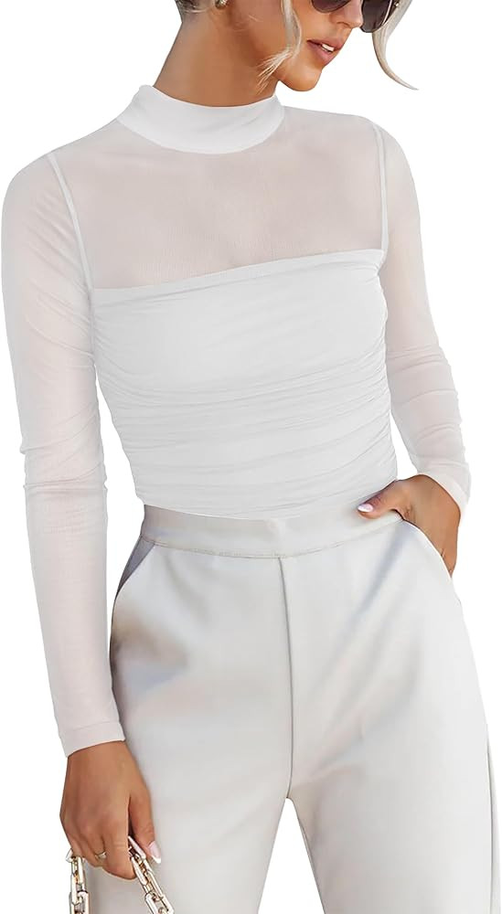 ANRABESS Womens Sexy Mesh Long Sleeve Shirts Trendy Mock Neck Sheer Ruched Going Out Tops Fall Sl... | Amazon (US)