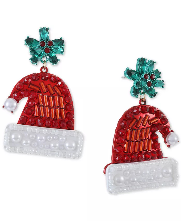 Holiday Lane Gold-Tone Crystal & Imitation Pearl Santa Hat Drop Earrings, Created for Macy's - Ma... | Macy's
