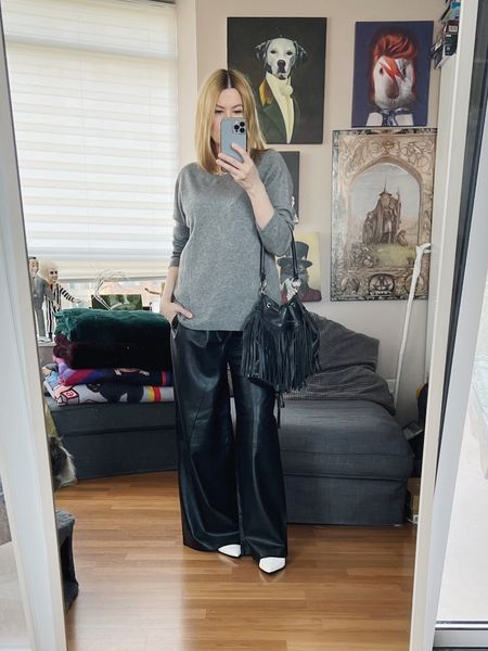 I’m wearing my new @hm wide leg trousers. I was asked a few times whether they makes noises when you walk which can be an issue with leather and faux leather but these are very soft, pliable, and drapey so they don’t make any noise. I paired it with my secondhand cashmere sweater and vintage fringed bucket bag. Boots are a Zara short kitten heel that have an 80s vibe.
•
.  #summerlook  #torontostylist #StyleOver40  #hmXme #secondhandFind #fashionstylist #FashionOver40  #MumStyle #genX #genXStyle #shopSecondhand #genXInfluencer #WhoWhatWearing #genXblogger #secondhandDesigner #Over40Style #40PlusStyle #Stylish40s #styleTip  #secondhandstyle 


#LTKover40 #LTKSeasonal #LTKstyletip