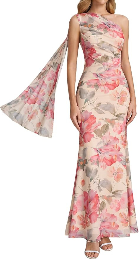 Amazon.com: HTZMO Womens One Shoulder Formal Wedding Guest Maxi Dress Summer Bodycon Ruched Elega... | Amazon (US)