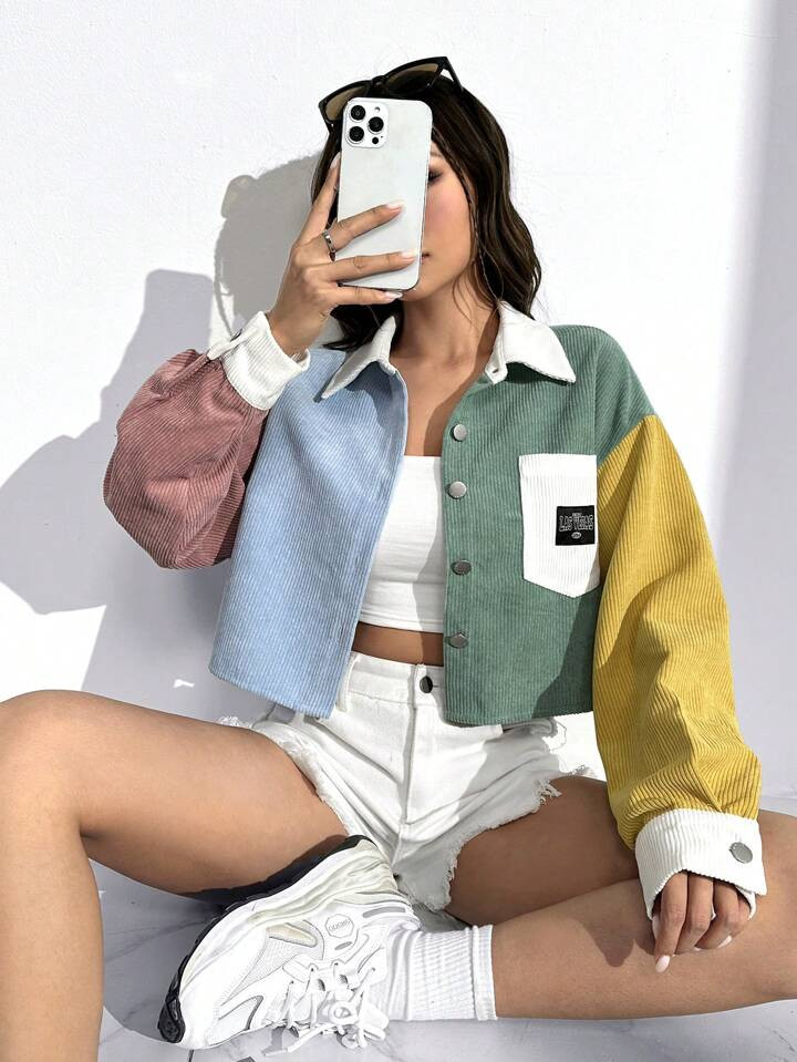 SHEIN EZwear Colorblock Letter Patched Detail Drop Shoulder Jacket Without Cami Top | SHEIN