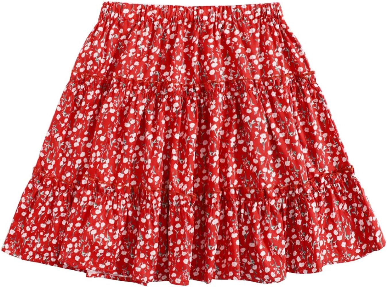 SheIn Women's Boho Floral Print Layered Frill Trim Ditsy Mini Short Flared Skirt | Amazon (US)