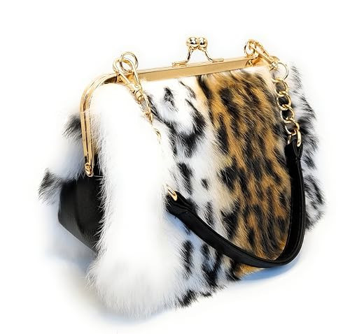 Fosrion Elegant Leopard Print Rex Rabbit Fur Handbag with Interchangeable Straps for Women, Versatile Clutch and Shoulder Bag (Multicolor) | Amazon (US)