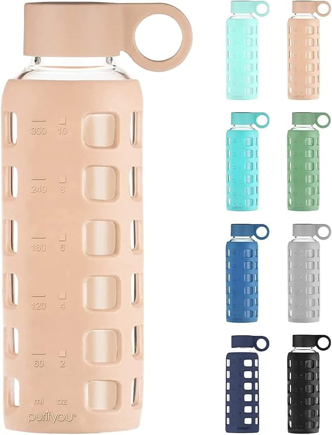 purifyou Premium 32 / 22 / 12 oz Reusable Glass Water Bottles with Time and Volume Markings, Non-... | Amazon (US)