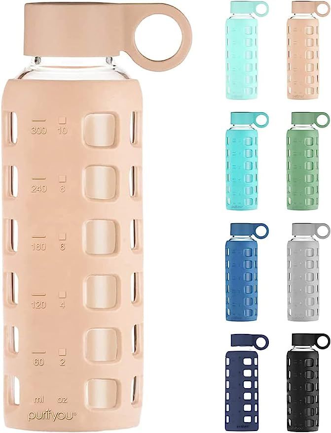 purifyou Premium 32 / 22 / 12 oz Reusable Glass Water Bottles with Time and Volume Markings, Non-... | Amazon (US)