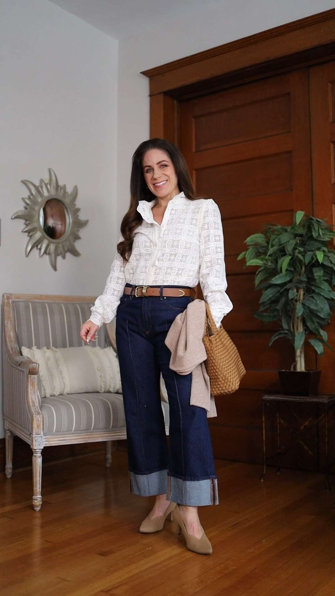 Can't get over the gorgeous detailing on this white lace blouse from Sezane! Has button cuffs, high ruffle collar and really makes a statement. It's the most-worn blouse in my closet. Pairing it with cuffed dark denim (the pair I'm wearing are old from LOFT, so I'm linking LOFT's current cuffed petite denim). Finishing the look with my go-to comfy heels, a woven bag, and cashmere sweater as the third piece that anchors the whole look. Wearing the 0 in the blouse.

white blouse | classic white blouse | casual winter outfit  

 #LTKootd #LTKOver40 #LTKPetite