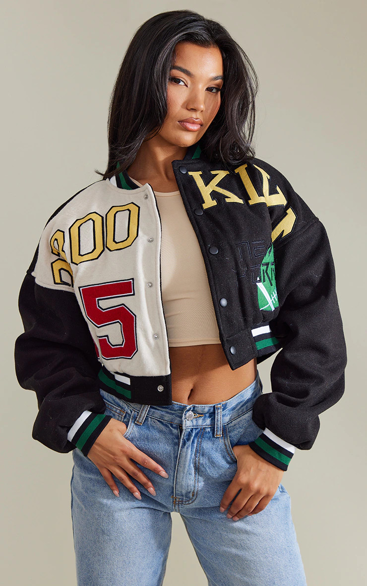 Black Wool Look Graphic Front Cropped Bomber Jacket | PrettyLittleThing US