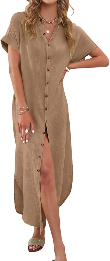 Kuraki Women's Casual Short Sleeve Buttoned Lapel Beachwear Dress | Amazon (US)