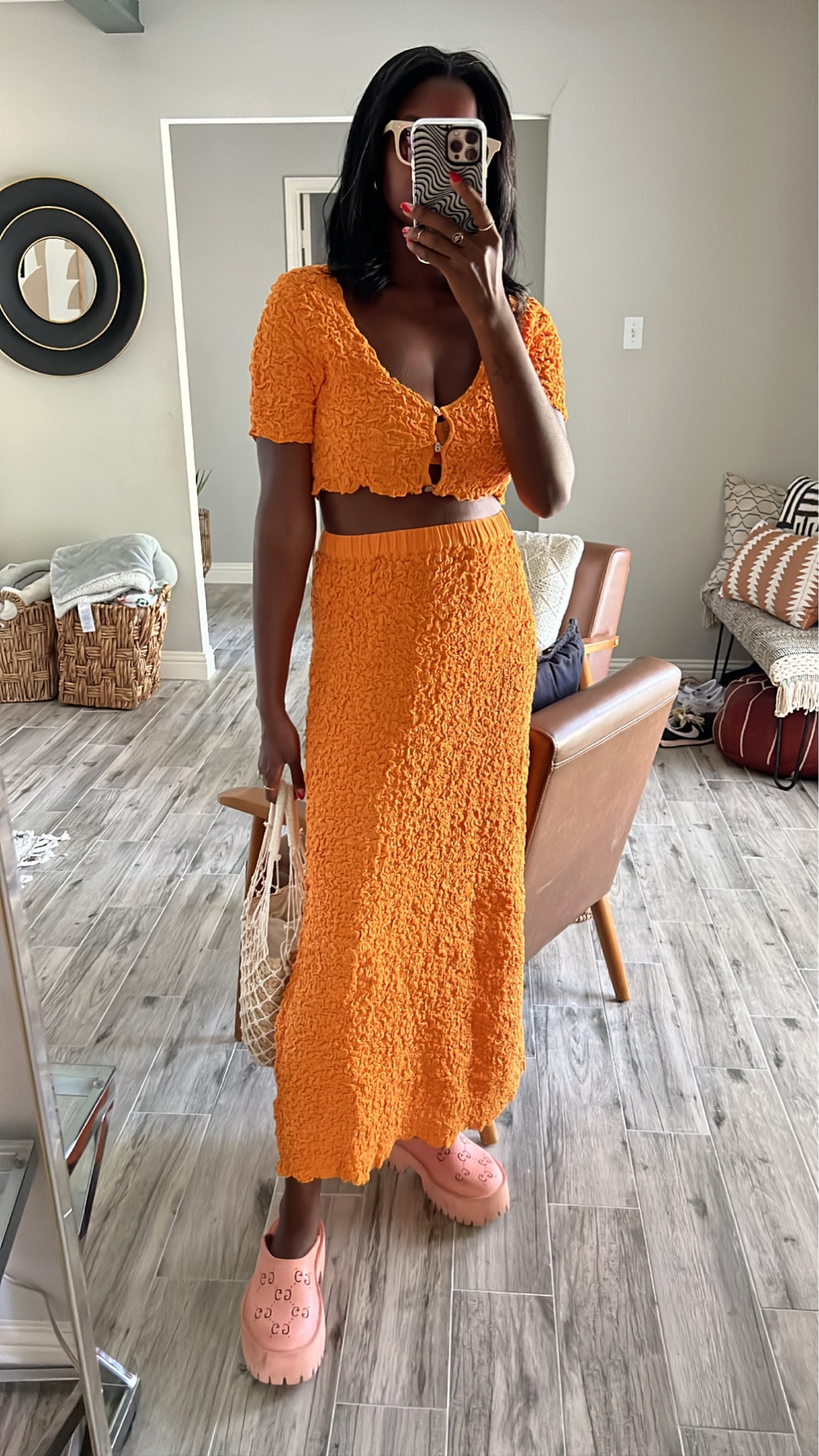 Orange popcorn set with ruched fabric. Oversized crop top and skirt with Gucci platform slides  

#LTKtravel #LTKstyletip #LTKshoecrush