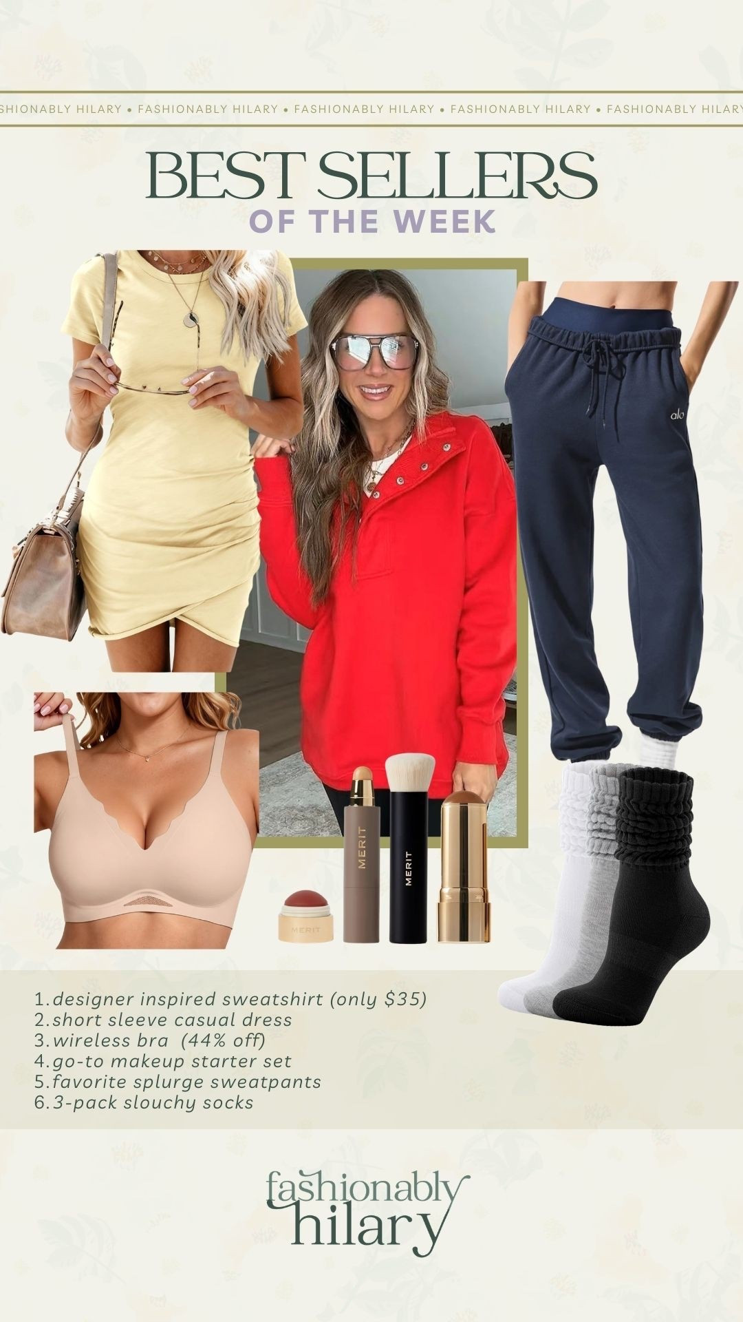 Bestsellers of the week: 

designer inspired sweatshirt (only $35)
short sleeve casual dress 
wireless bra  (44% off)
go-to makeup starter set 
favorite splurge sweatpants 
3-pack slouchy socks 
Spring break dress, butter yellow ruched mini dress, navy blue sweatpants

#LTKSeasonal #LTKMidsize #LTKSaleAlert