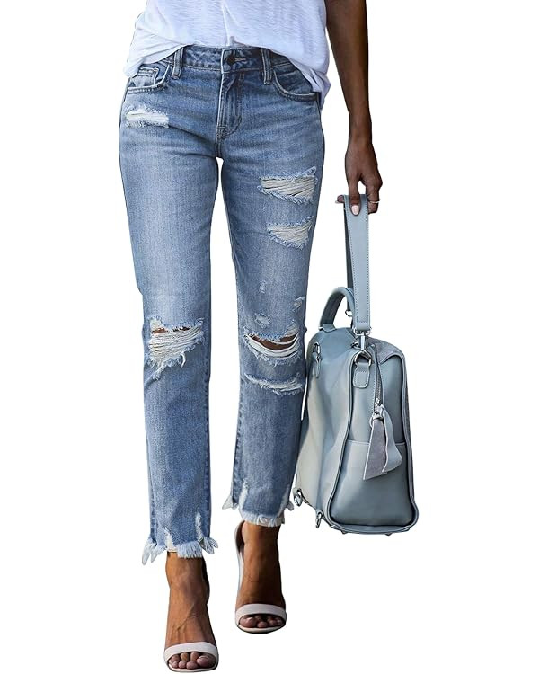 Sidefeel Women Distressed Raw Hem Washed Jeans Ripped Slim Fit Denim Pants Small Sky Blue at Amaz... | Amazon (US)