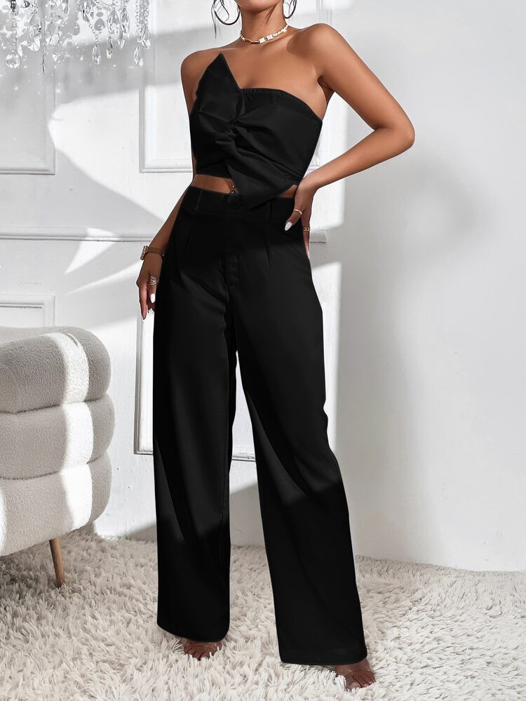 SHEIN SXY Twist Front Crop Tube Top & Wide Leg Pants | SHEIN