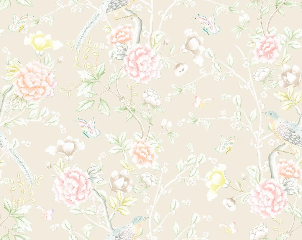 "Chinoiserie Garden" by Lo Home x Tashi Tsering Fabric in Dune | Lo Home by Lauren Haskell Designs