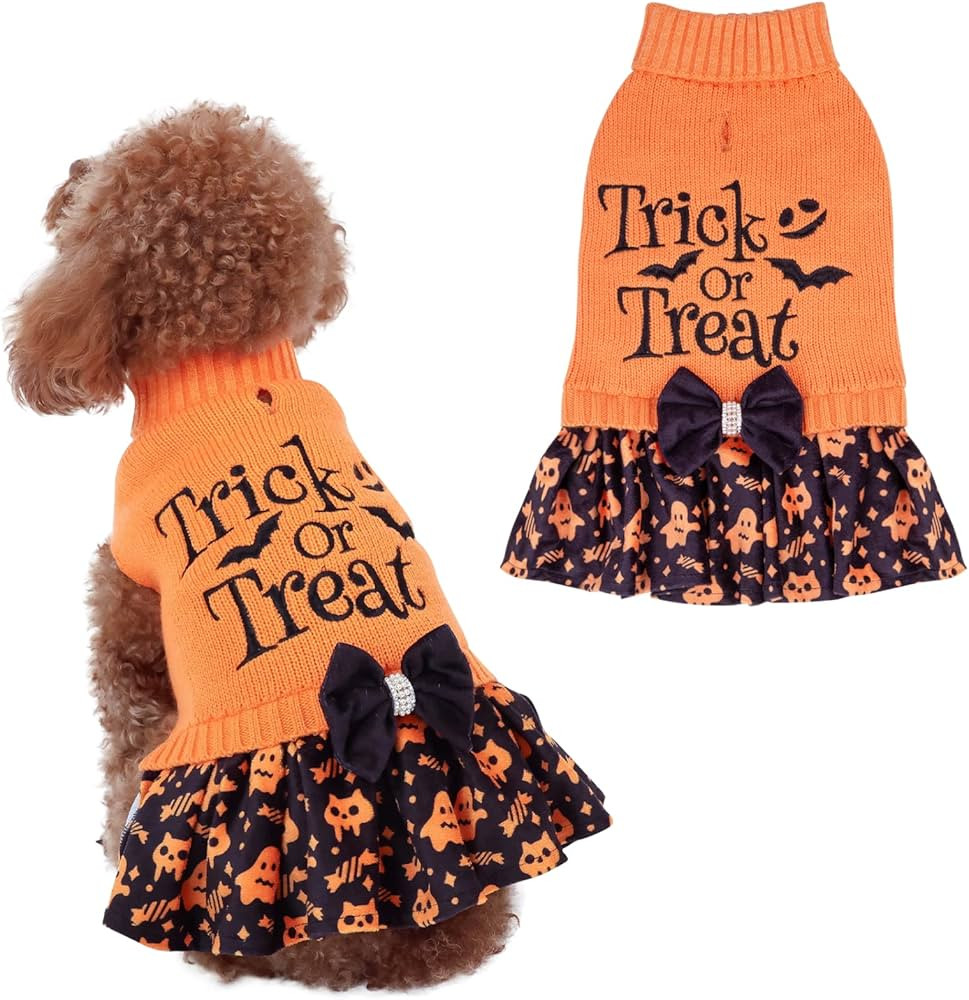 CuteBone Halloween Dog Sweater Dress Trick or Treat Knit Turtleneck Puppy Sweater with Bowtie Har... | Amazon (US)