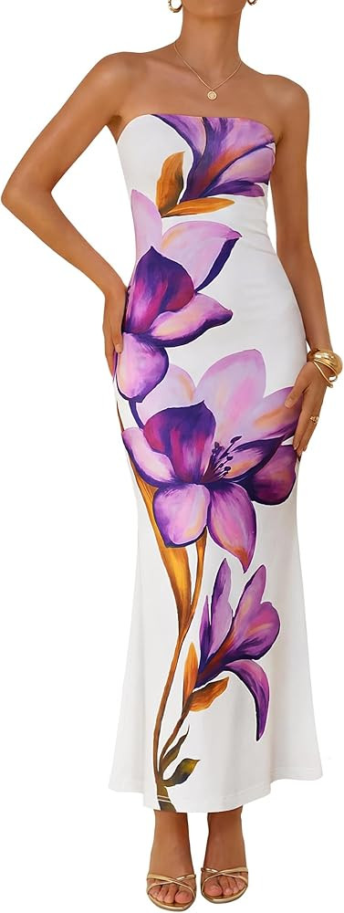 ZESICA Womens Summer Floral Bodycon Maxi Dress 2026 Formal Off Shoulder Strapless Cocktail Weddin... | Amazon (US)