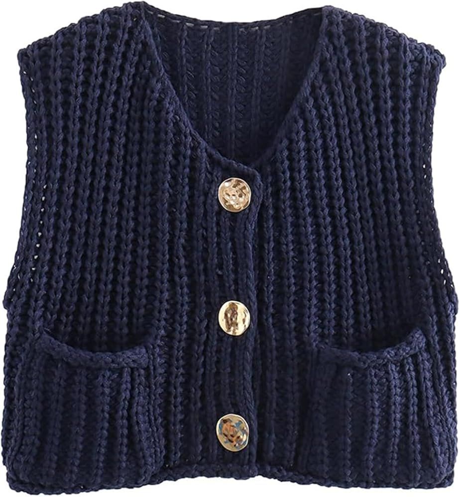 Womens Sleeveless Crop Knit Cardigan Casual Button Down Cropped Knitted Sweater Vest with Pockets | Amazon (US)