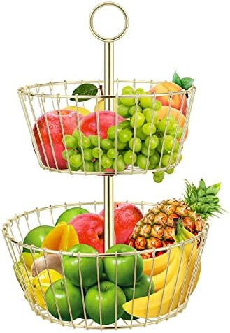Nuovoware 2 Tier Round Fruit Basket Bowl, Fruit Stand Holder, Detachable Wire Storage Organizer for  | Amazon (US)