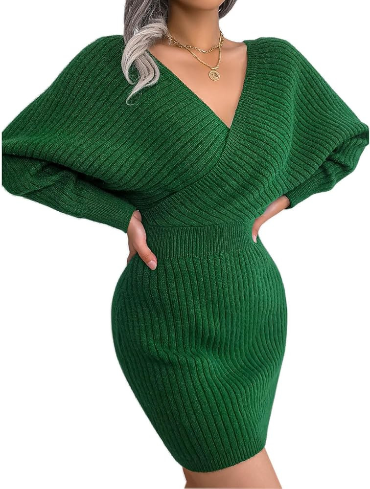Womens V Neck Fall Dresses Long Sleeve Casual Sweater Short Pullover Dresses | Amazon (US)
