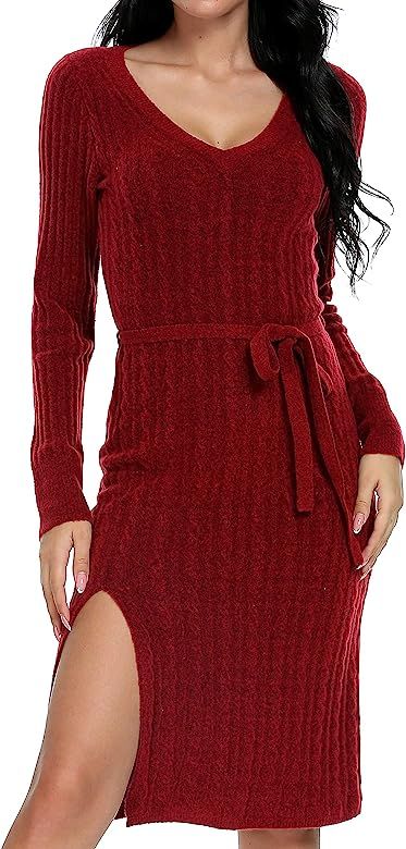 Oshlen Women's Long Sleeve V Neck Sweater Dress Soft Knit | Amazon (US)