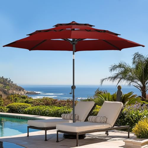 wikiwiki 9ft 3-Tier Patio Umbrella Outdoor Table Market Umbrella for Patio with Push Button Tilt/Crank, Fade Resistant Waterproof POLYESTER Canopy for Garden, Lawn, Deck, Backyard & Pool, Burgundy Red | Amazon (US)