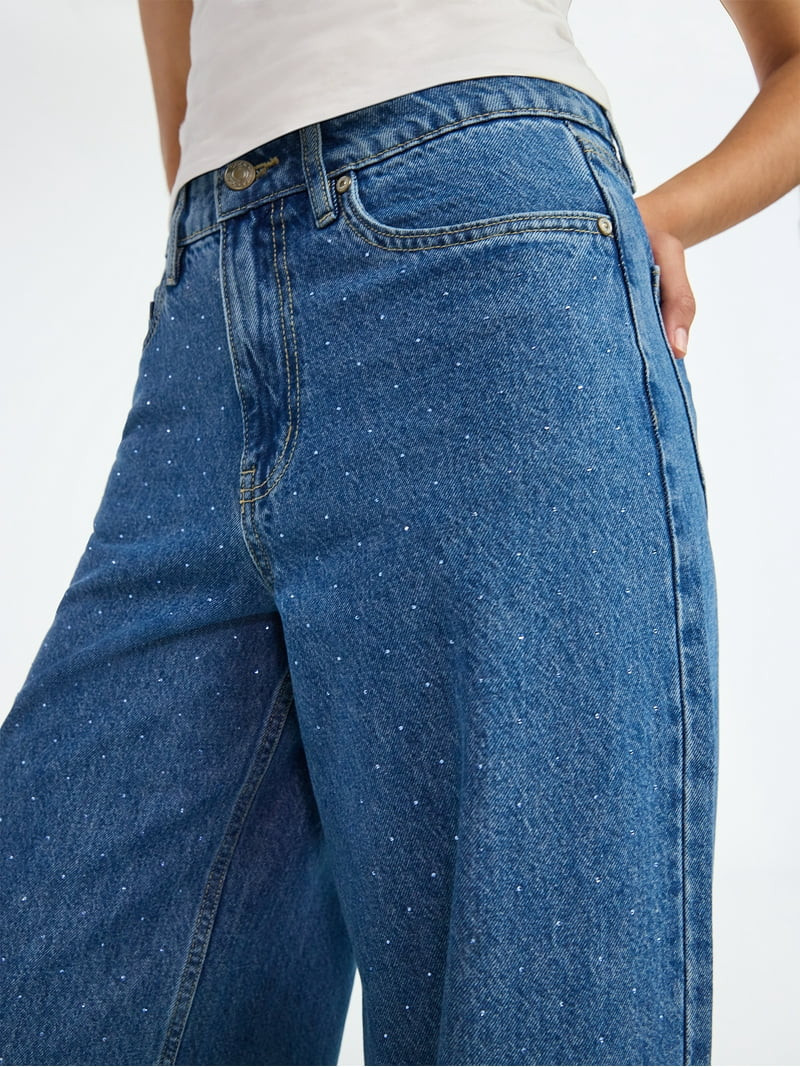 Scoop Women’s and Women’s Plus Rhinestone Embellished Wide Leg Jeans, Sizes 0-26W | Walmart (US)