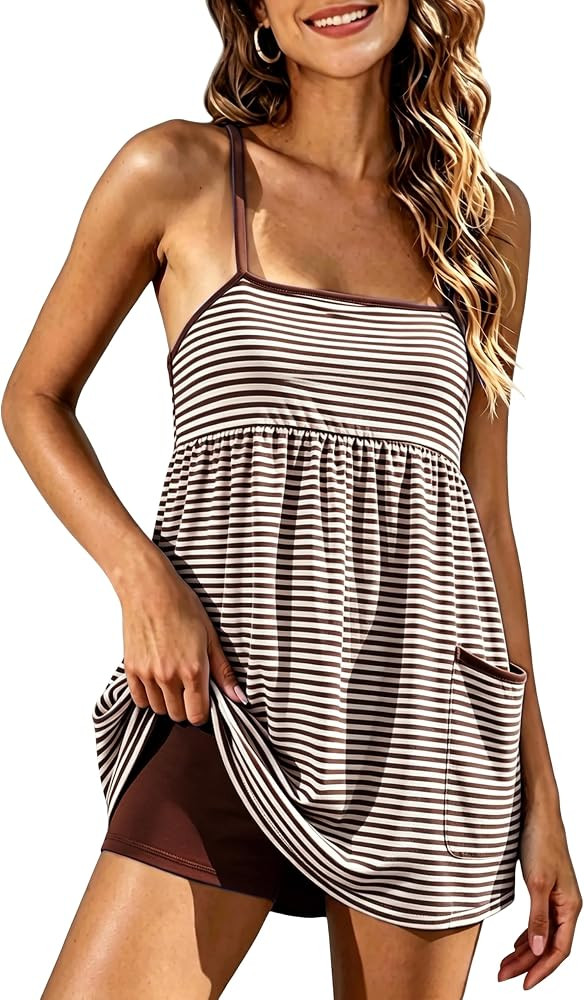 Lentta Women's Summer Athletic Mini Dress Built-in Shorts Striped Spaghetti Strap Tennis Romper P... | Amazon (US)